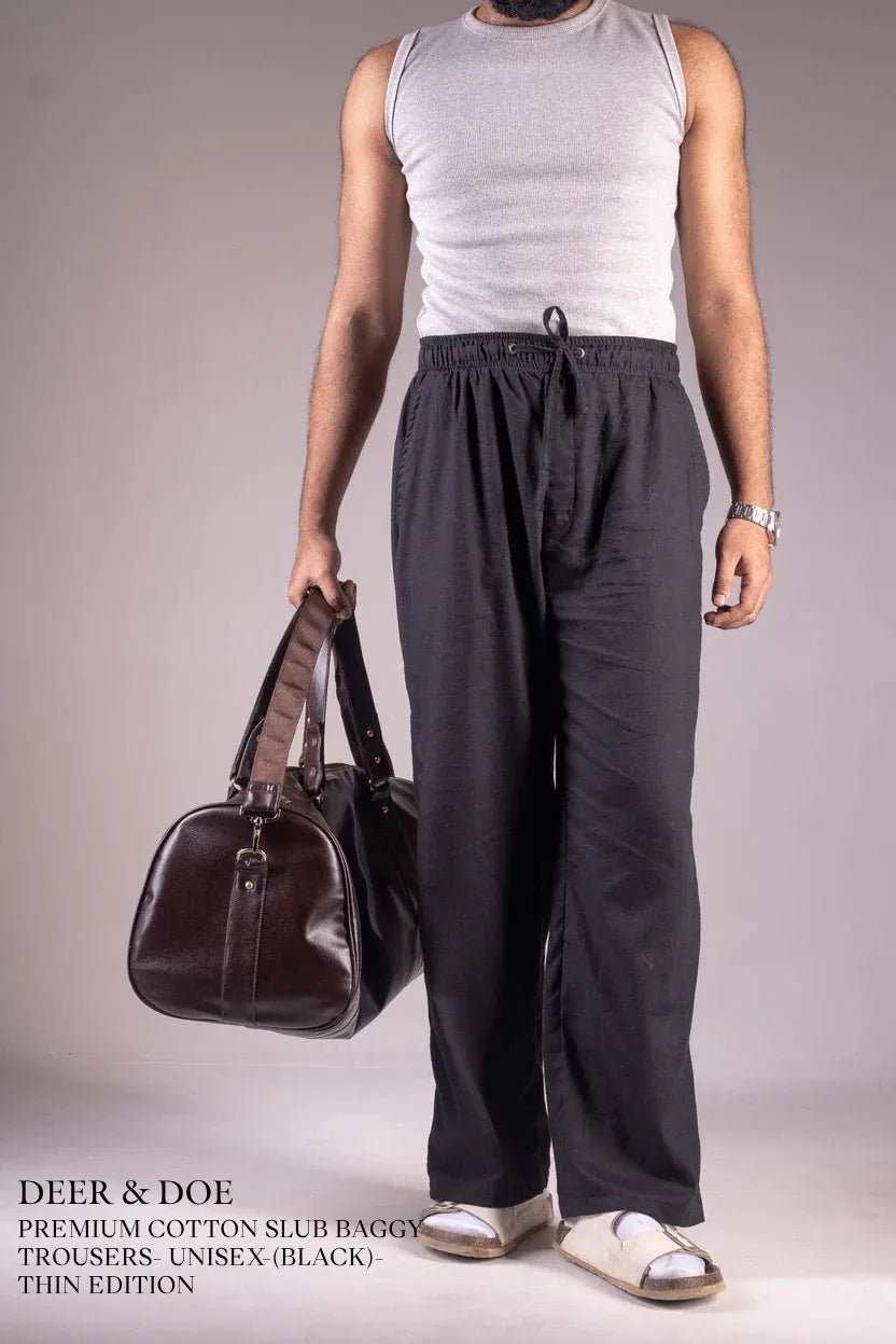 PREMIUM COTTON SLUB BAGGY TROUSERS- UNISEX-(BLACK)- THIN EDITION - DEER & DOE