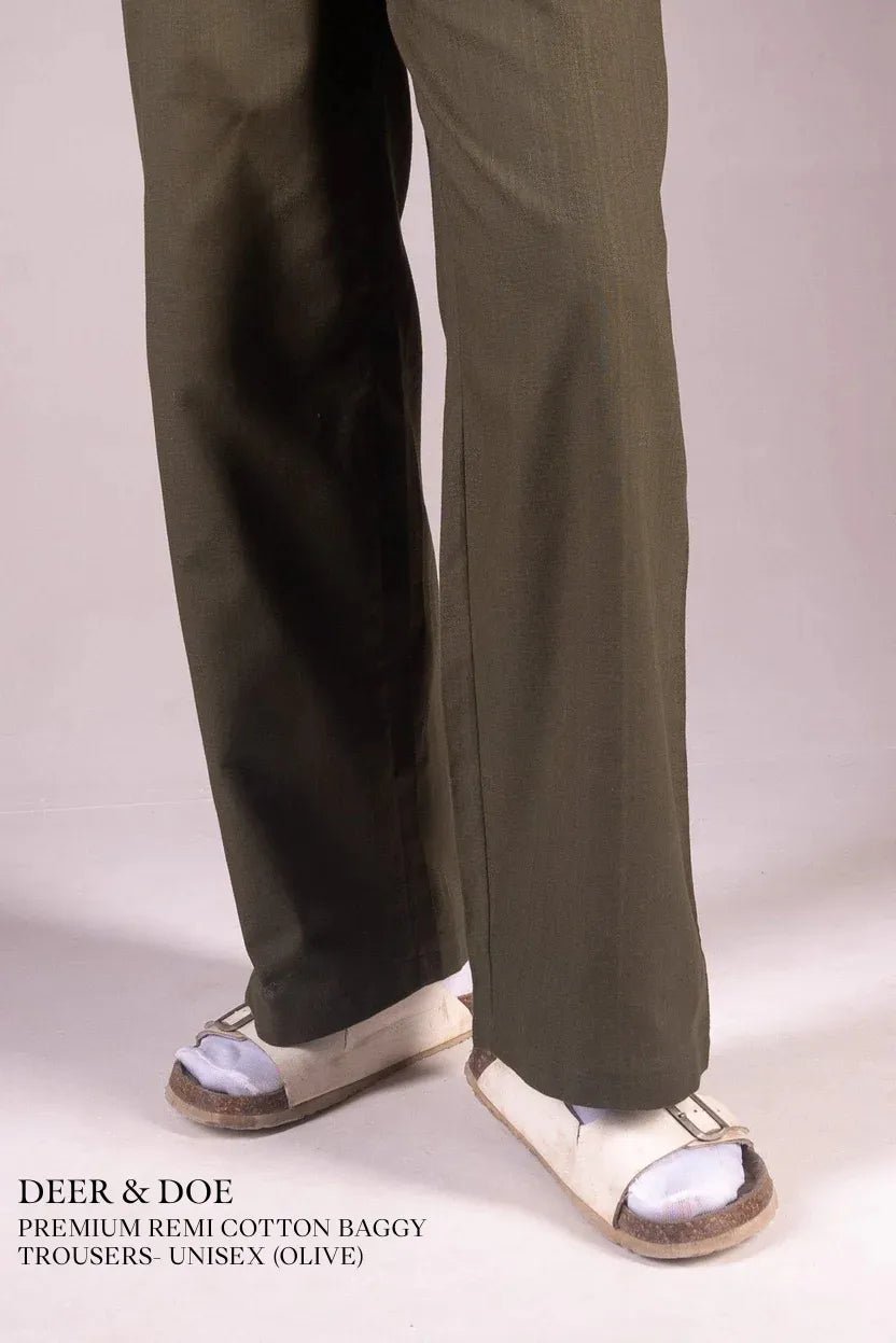 PREMIUM REMI COTTON BAGGY TROUSERS- UNISEX (OLIVE) - DEER & DOE