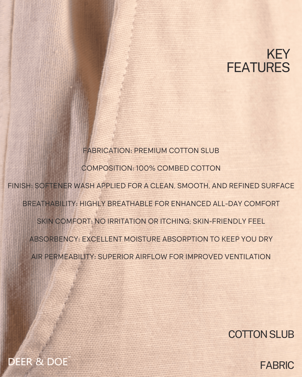 PREMIUM COTTON SLUB BAGGY TROUSERS - UNISEX - (BEIGE) - DEER & DOE