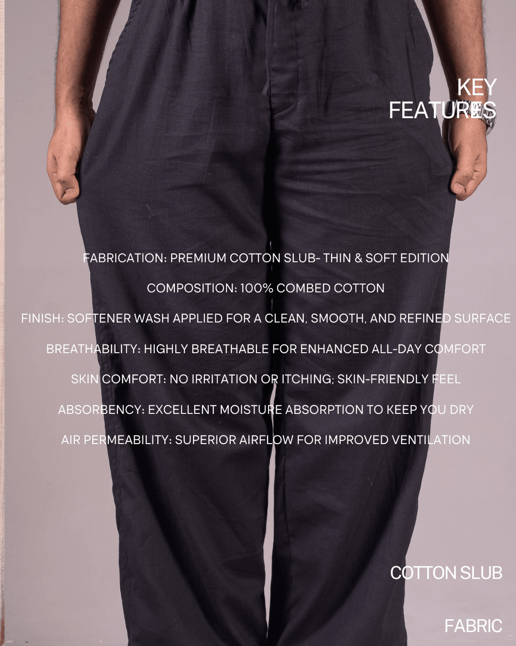 PREMIUM COTTON SLUB BAGGY TROUSERS - UNISEX - (BLACK) - THIN EDITION - DEER & DOE