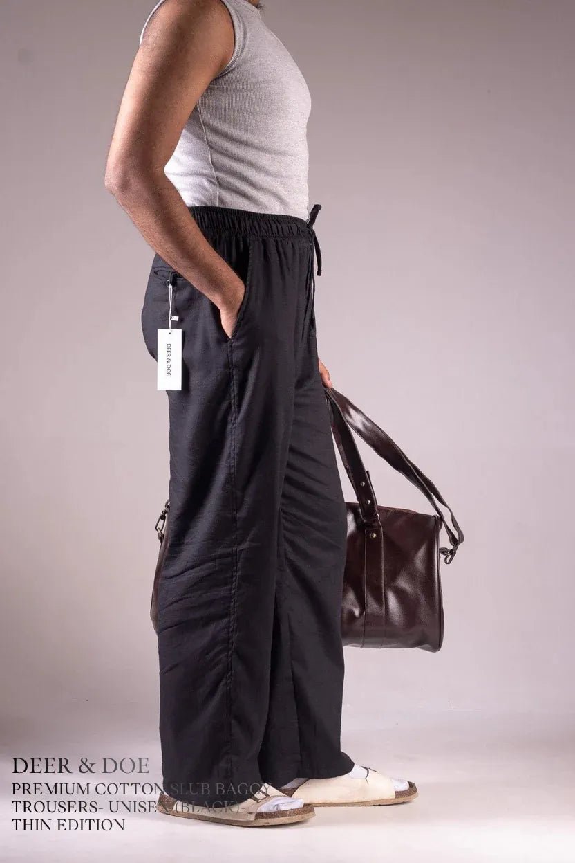 PREMIUM COTTON SLUB BAGGY TROUSERS- UNISEX-(BLACK)- THIN EDITION - DEER & DOE