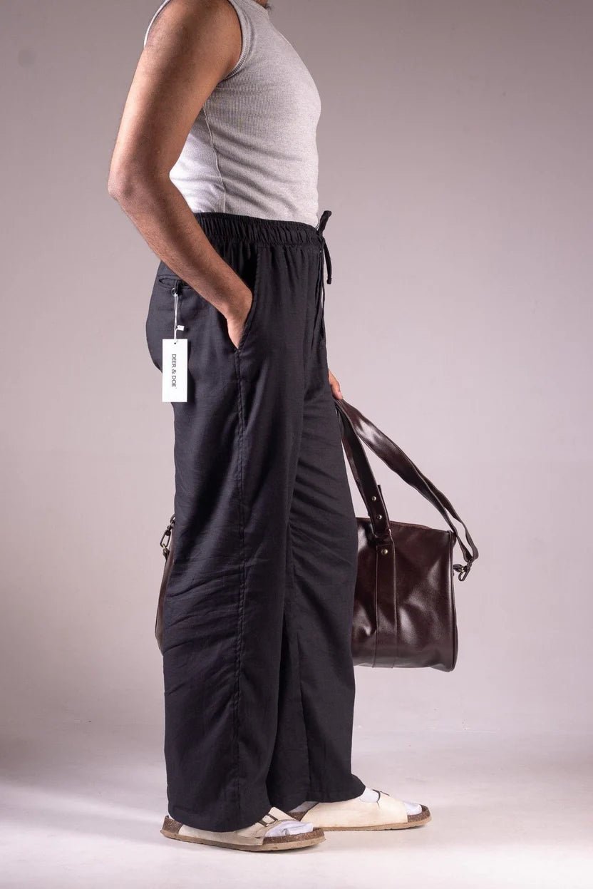PREMIUM COTTON SLUB BAGGY TROUSERS- UNISEX-(BLACK)- THIN EDITION - DEER & DOE