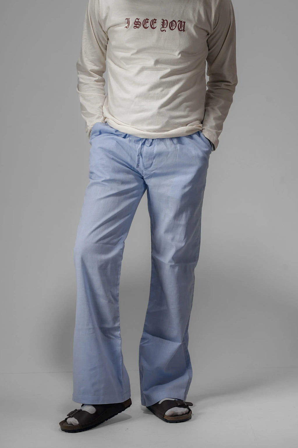 Remi Cotton Flared Trousers- Sky Blue (Belt Loop)