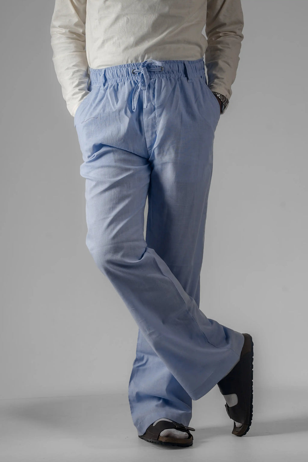 Remi Cotton Flared Trousers- Sky Blue (Belt Loop)