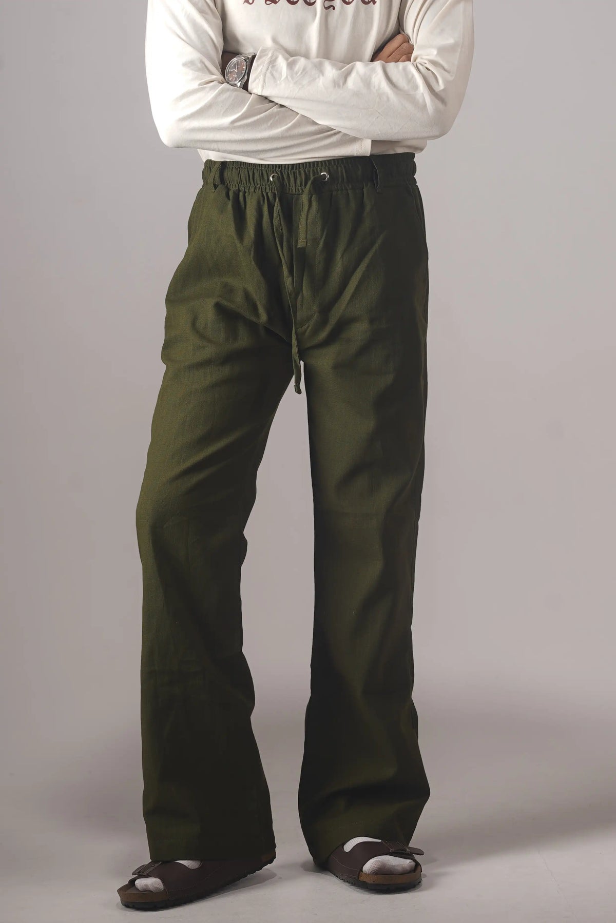 PREMIUM REMI COTTON FLARED TROUSERS- OLIVE (BELT LOOP)