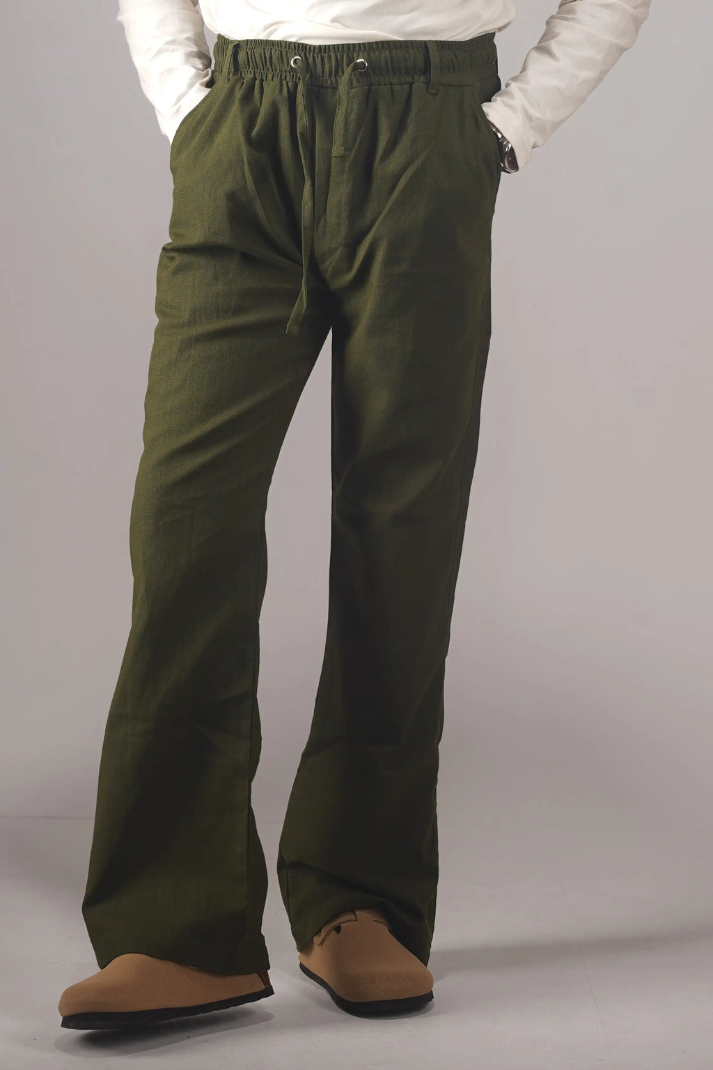 PREMIUM REMI COTTON FLARED TROUSERS- OLIVE (BELT LOOP)