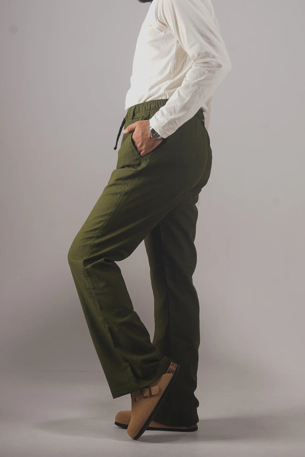 PREMIUM REMI COTTON FLARED TROUSERS- OLIVE (BELT LOOP)