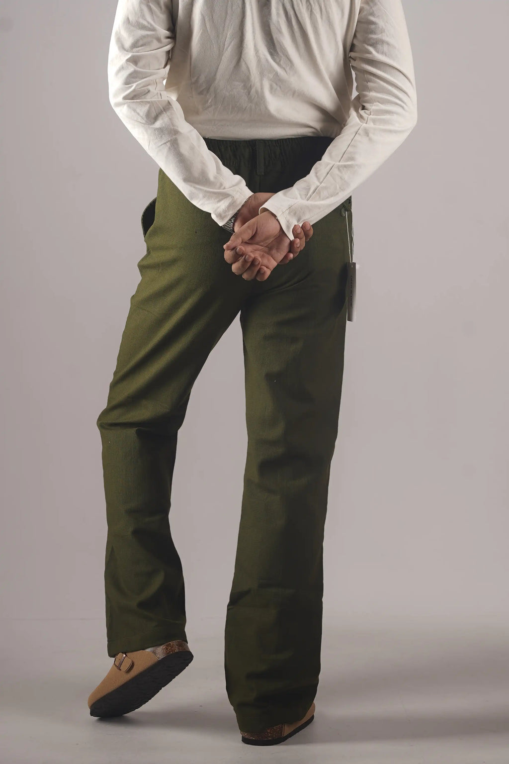 PREMIUM REMI COTTON FLARED TROUSERS- OLIVE (BELT LOOP)