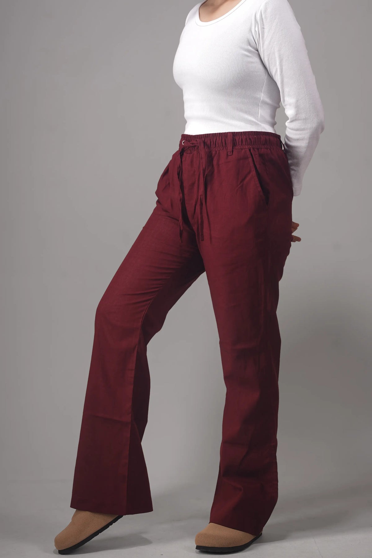 Remi Cotton Flared Trousers- Maroon (Belt Loop)