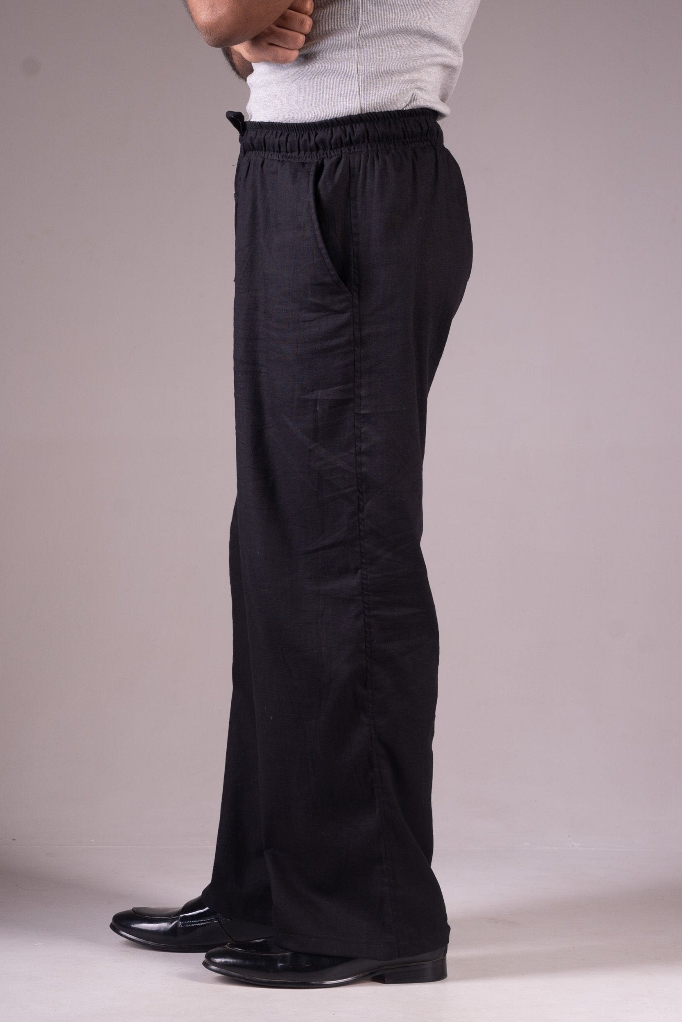 PREMIUM COTTON SLUB BAGGY TROUSERS - UNISEX - (BLACK) - THIN EDITION - DEER & DOE