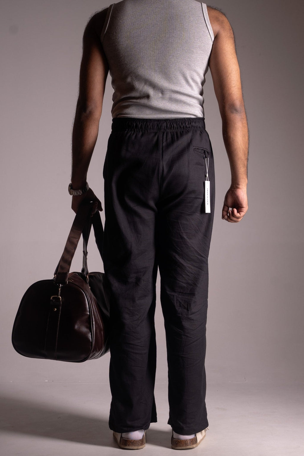 PREMIUM COTTON SLUB BAGGY TROUSERS - UNISEX - (BLACK) - THIN EDITION - DEER & DOE