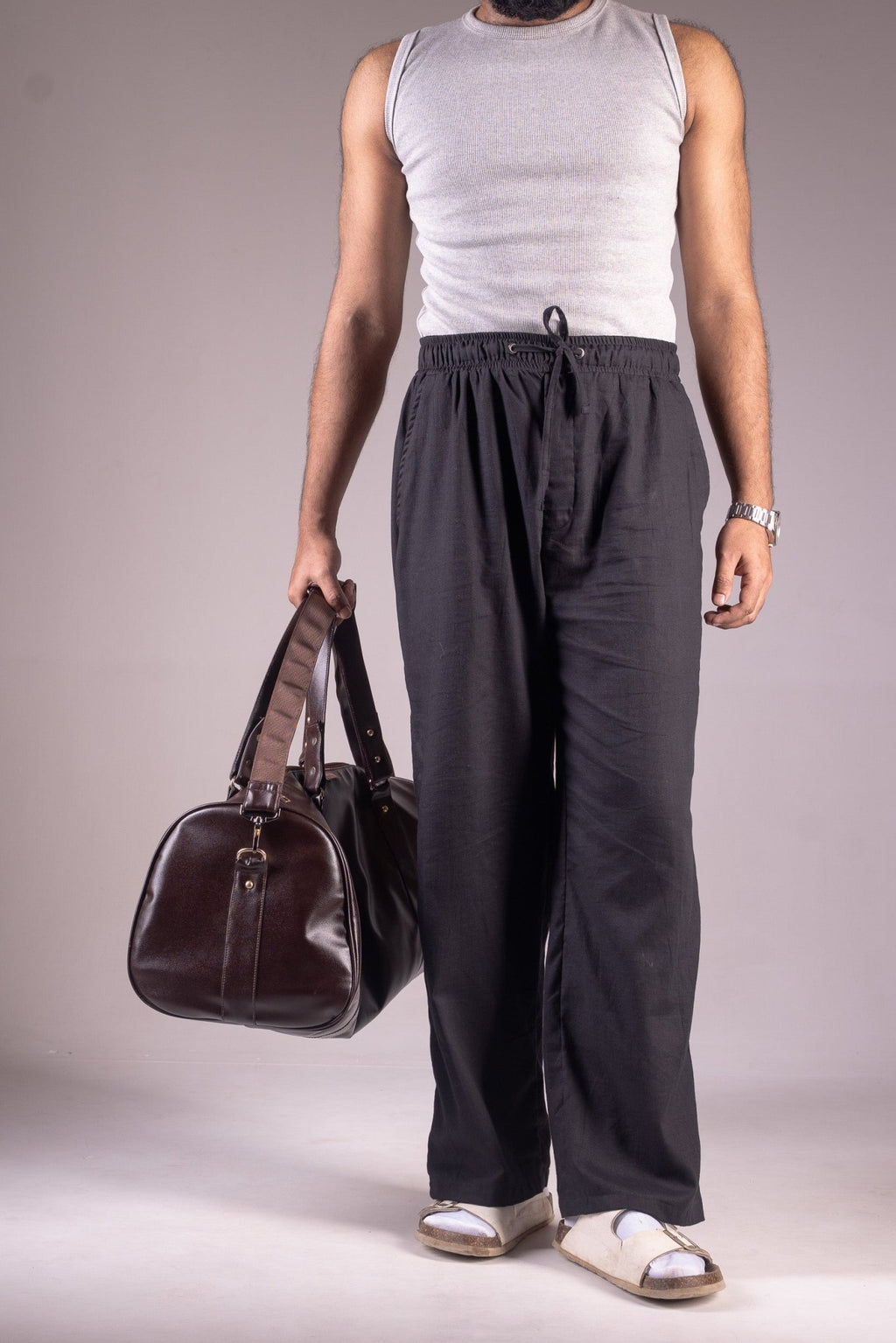 PREMIUM COTTON SLUB BAGGY TROUSERS - UNISEX - (BLACK) - THIN EDITION - DEER & DOE