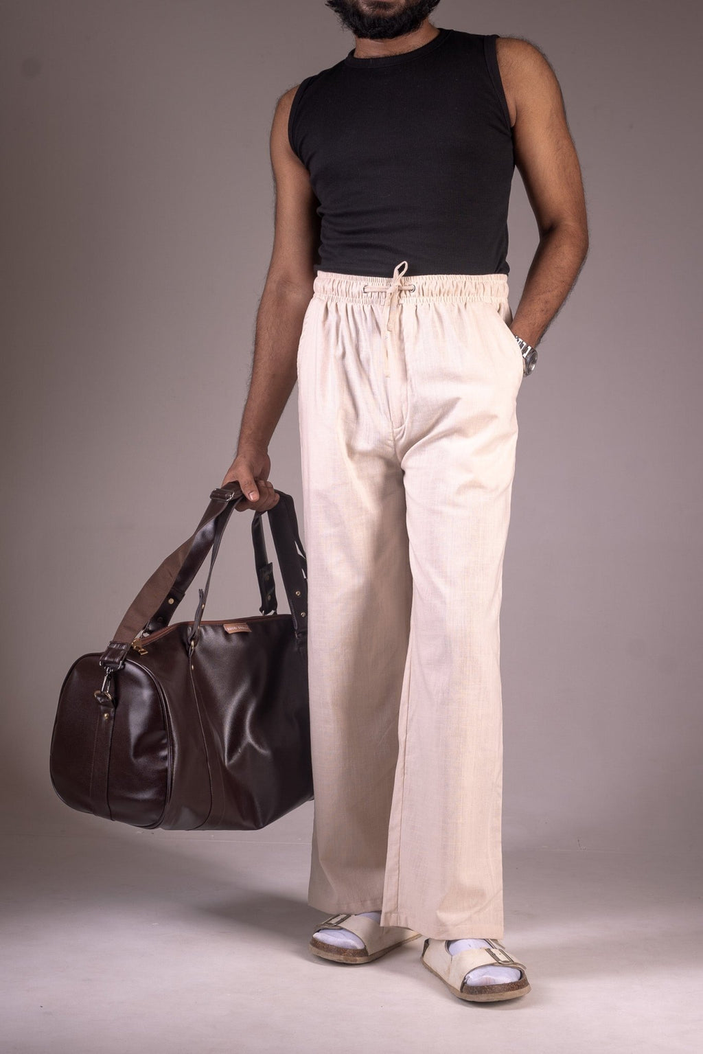 PREMIUM RAYON COTTON BLENDED BAGGY TROUSERS - UNISEX - (LIGHT BEIGE) - DEER & DOE