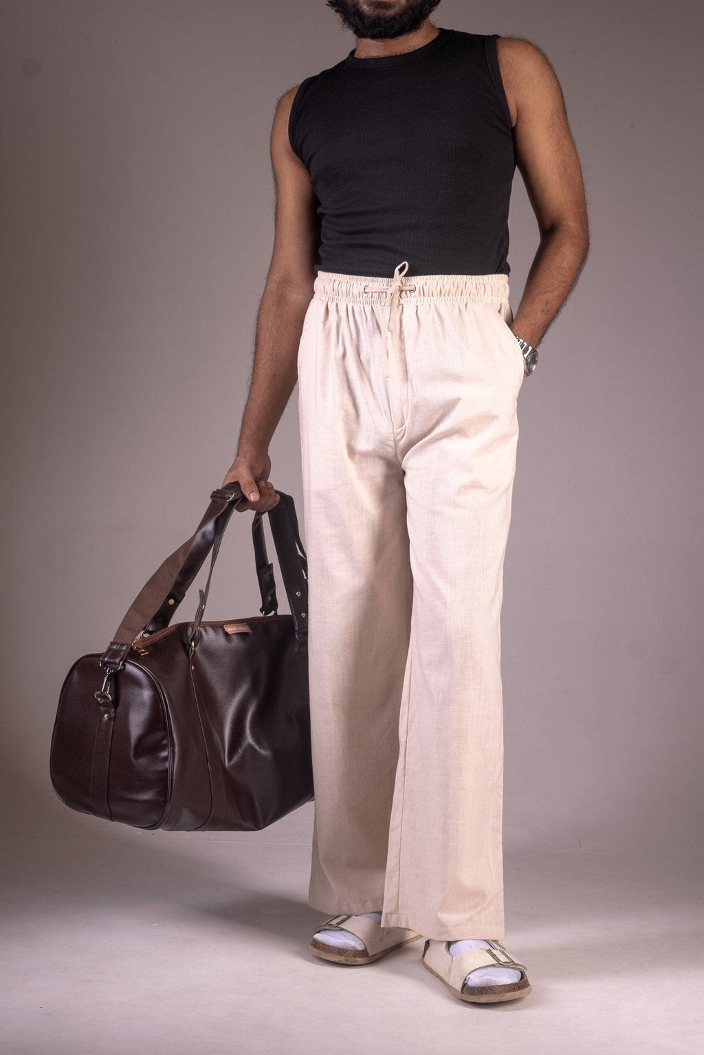 PREMIUM RAYON COTTON BLENDED BAGGY TROUSERS- UNISEX- (LIGHT BEIGE) - DEER & DOE