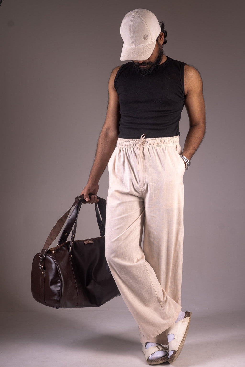 PREMIUM RAYON COTTON BLENDED BAGGY TROUSERS - UNISEX - (LIGHT BEIGE) - DEER & DOE