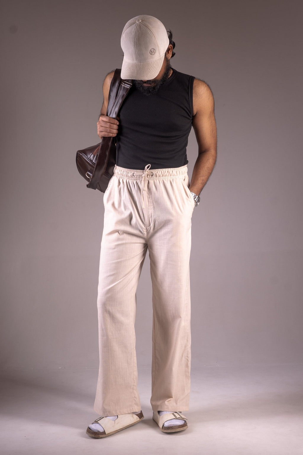 PREMIUM RAYON COTTON BLENDED BAGGY TROUSERS - UNISEX - (LIGHT BEIGE) - DEER & DOE