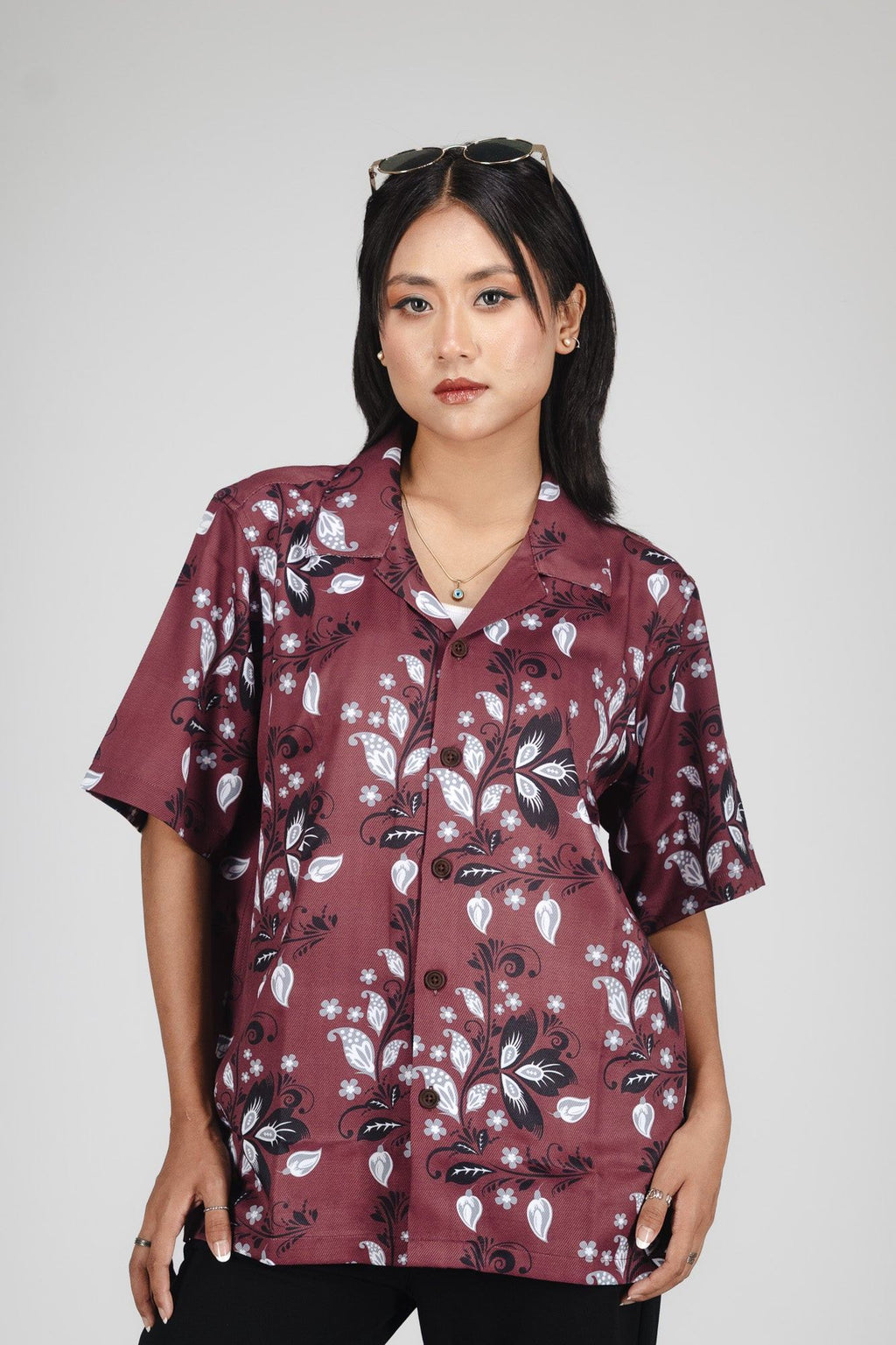 TROPIVANA-LEAF MAROON SHIRT - DEER & DOE
