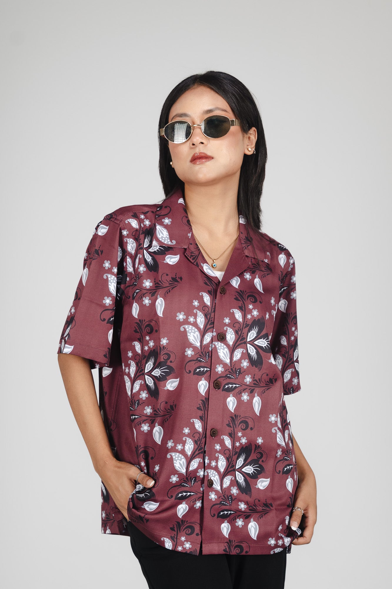TROPIVANA-LEAF MAROON SHIRT